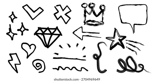 vetor de fonte de grafite, conjunto de setas e símbolos, conjunto de setas de vetor, vetor de fonte de grafite, fonte e números de grafite, ilustração de vetor de fonte de grafite, conjunto de setas desenhadas à mão
