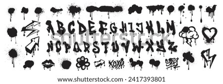 Graffiti font vector spray urban alphabet, wall hand drawn street letters, hip-hop modern style. Grunge drip print, arrow blob texture lettering splash creative poster handwriting. Black graffiti font