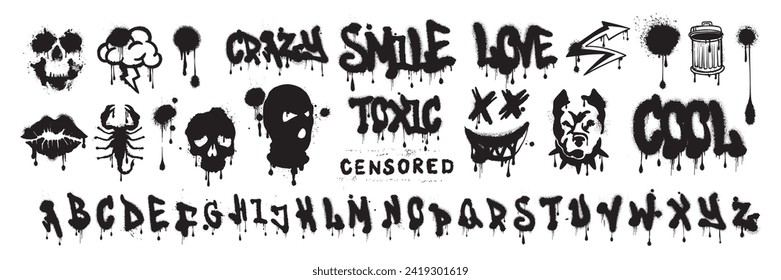 Graffiti font vector urban spray alphabet, street wall hand drawn letters, hip-hop modern style. Grunge drip print, fashion texture lettering splash, creative poster handwriting. Black graffiti font