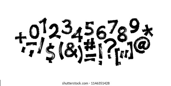 Graffiti font written with a marker. Digits and signs. Vector illustration isolated on a white background. EPS 10