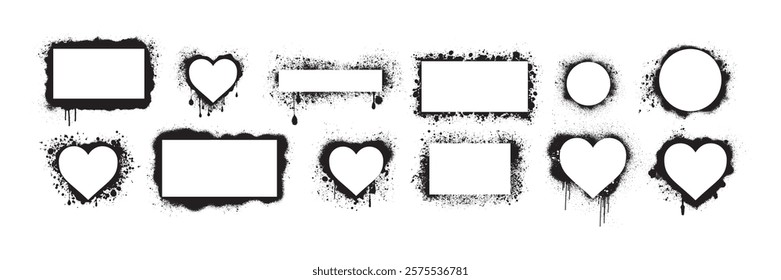 Graffiti frame ink set, vector grunge urban border, spraypaint liquid effect box, heart silhouette. Street art dripped edge square banner abstract liquid spray design object. Graffiti frame collection