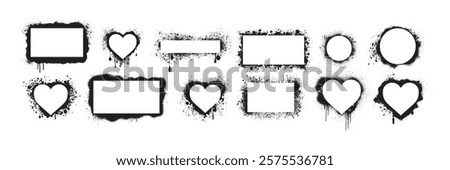 Graffiti frame ink set, vector grunge urban border, spraypaint liquid effect box, heart silhouette. Street art dripped edge square banner abstract liquid spray design object. Graffiti frame collection