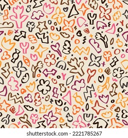 Graffiti de fondo divertido con pluma de fieltro. Garabatos con tinta, patrón sin costuras vectorial. Elementos dibujados a mano por marcador. Doodles más brillantes.