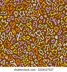 Graffiti fun background by felt pen. Inked scribble, vector seamless pattern. Hand drawn groovy elements by marker. Highlighter doodles.