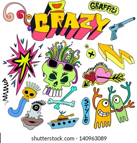 Graffiti funky cartoon elements, artistic characters and colorful shapes