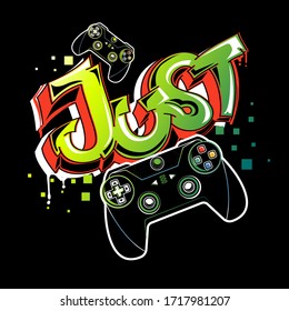 Graffiti Gamepad Illustration. Cartoon Joystick Sign. Gamer Elements For Boy T Shirt Design
