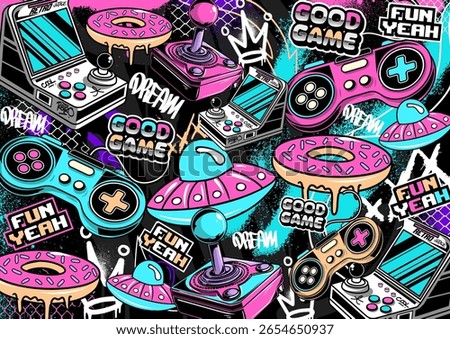Graffiti gaming background vector illustration. Colorful Retro video game elements in graffiti style