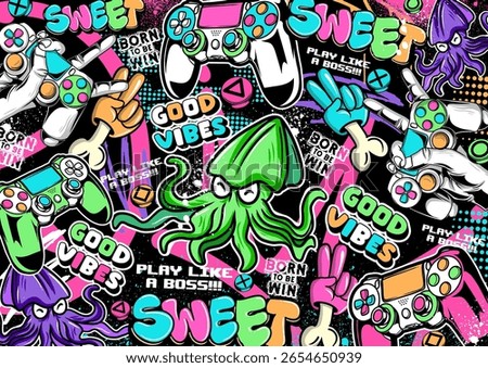 Graffiti gaming background vector illustration. Colorful Retro video game elements in graffiti style