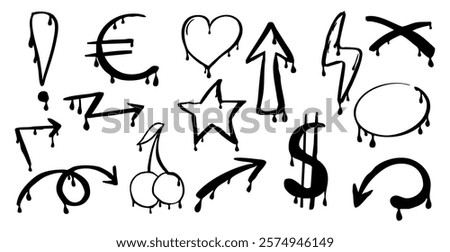 Graffiti Gangster tattoo elements, paint splash, spray. Heart face, skull set. Doodle gunge groovy print crown, cherry, scary kit,.
