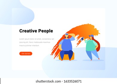 Graffiti Girl Painting Wall with Guy Flat vector illustration. Creative people concept.