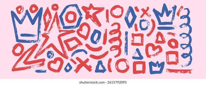 Graffiti girly art elements with brush stroke texture. Hand drawn blue and red ink crown, star, heart and geometric urban street style shapes on lilac background. Circle, hexagon abstract figures.