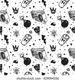 Graffiti graphic spray can cartoon doodle, sketch grunge vector illustration with aerosol, cans, boombox. Colorful seamless pattern in black, white