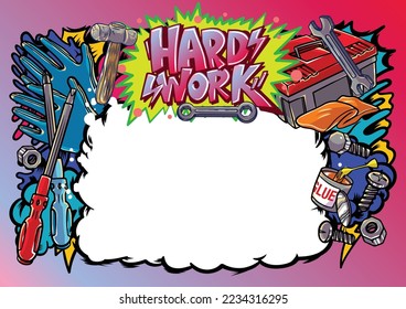 Graffiti graphic work, consisting of important words and concepts in the business world. Hand drawn illustration with street graffiti letters, tags, words, street art, style, fresh and colorful