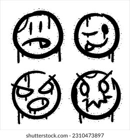 Graffiti grunge face. Cartoon aerosol fun expression. Spray funky paint art with leak and dot. Street art and urban vandalism symbol. Black grungy spill character isolated on white