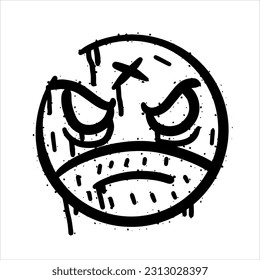Graffiti grunge face. Cartoon aerosol fun expression. Spray funky paint art with leak and dot. Street art and urban vandalism symbol. Black grungy spill character isolated on white