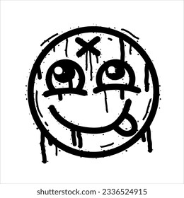 Graffiti grunge face. Cartoon aerosol fun expression. Spray funky paint art with leak and dot. Street art and urban vandalism symbol. Black grungy spill character isolated on white