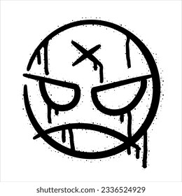 Graffiti grunge face. Cartoon aerosol fun expression. Spray funky paint art with leak and dot. Street art and urban vandalism symbol. Black grungy spill character isolated on white