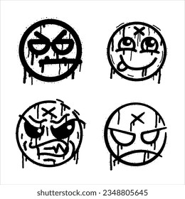 Graffiti grunge face. Cartoon aerosol fun expression. Spray funky paint art with leak and dot. Street art and urban vandalism symbol. Black grungy spill character isolated on white