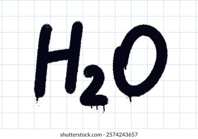 Graffiti H2O lettering. Bold black spray paint strokes on a grid paper background. Trendy Y2K urban street style. Grunge educational symbols.