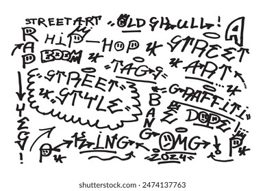 Graffiti dibujado a mano conjunto de Vector de letras negro. Dibujos de calle Doodle sobre fondo aislado. Letras en estilo grunge. Ghetto fuente