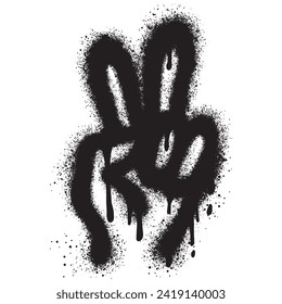 Graffiti Hand gesture V sign for peace symbol with over spray in black over white.