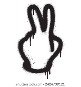 Graffiti Hand gesture V sign for peace symbol with over spray in black over white.