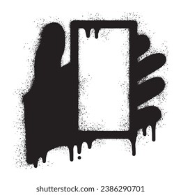 Graffiti of a hand holding a cellphone with black spray paint,