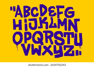 Graffiti handstyle alphabet A to Z in purple chisel tip marker style on yellow background. Urban vector design perfect for street art, hip hop graphics, and bold expressive lettering projects.