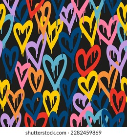 Graffiti hearts. Urban seamless pattern in street art style. Abstract print. Graphic underground unisex design for t-shirts and sweatshirt in bright neon colors. svg