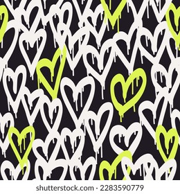 Graffiti hearts. Urban seamless pattern in street art style. Abstract print. Graphic underground unisex design for t-shirts and sweatshirt. Black and white street print with neon spray effect svg