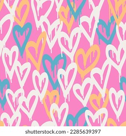 Graffiti hearts. Urban seamless pattern in street art style. Abstract print. Graphic underground unisex design for t-shirts and sweatshirt in bright neon pink colors. Hipster retrowave with 90s style. svg