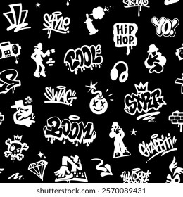  Graffiti Hip Hop Music Style Lettering Characters Sign Symbols Seamless Vector Pattern , Background Design Element