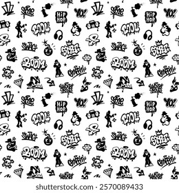  Graffiti Hip Hop Music Style Lettering Characters Sign Symbols Seamless Vector Pattern , Background Design Element