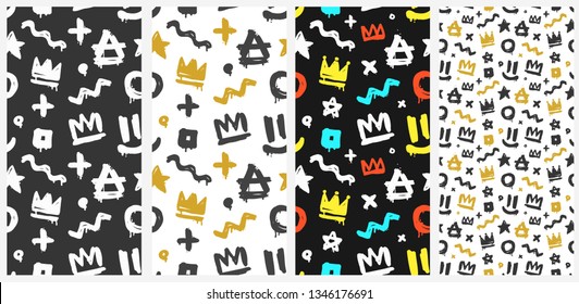 Graffiti Hip Hop Tags Hand Drawn Doodle Style Art Seamless Pattern Set. Abstract Graffiti Vector Background For Print Fabric And Textile Design. Grunge Street Art Graffiti Ornament