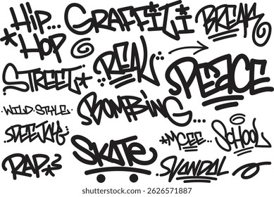 Graffiti and hiphop tagging hand-drawn style. Street art graffiti urban theme for prints, banners in black and white color