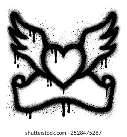 Graffiti icon of heart wings spray painted with ribbon underneath