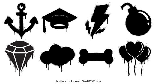 Graffiti Icon Set  Dripping Black Spray Paint Symbols on White Background. Includes anchor, graduation cap, lightning bolt, bomb, diamond, cloud, bone, and heart shaped balloons.