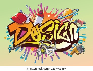 Graffiti illustration for Education, Art School, studio, course, creative with street graffiti letters, tags, words, street art, style, spray paint, emoji, fresh and colorful vector illustration.