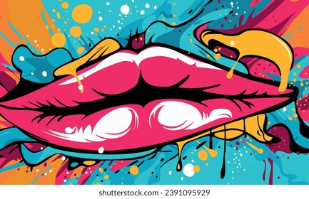 Graffiti illustration with lips, street art, fresh and colorful, lips pop art. retro comic and cartoon style of panting. Splashes of grunge graffiti paint. Creative pop art. 100% hand drawn vector