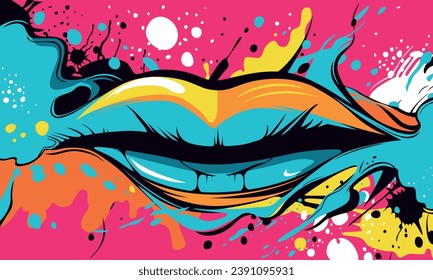 Ilustración de graffiti con labios, arte callejero, fresco y colorido, labios pop art. cómic retro y caricatura estilo jadeo. Brotes de pintura grunge de graffiti. Arte pop creativo 100% vector dibujado a mano