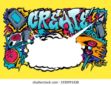 Graffiti illustration with street graffiti letters, tags, words, street art, style, spray paint, emoji, fresh and colorful