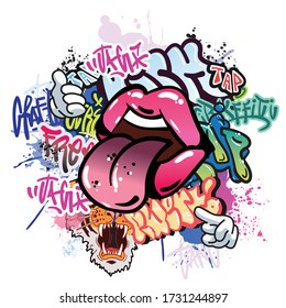 Graffiti illustration with street graffiti letters, tags,words, street art, style,crap,kick,tap,lips,tiger, spray paint, emoji, fresh and colorful, cartoon hand,