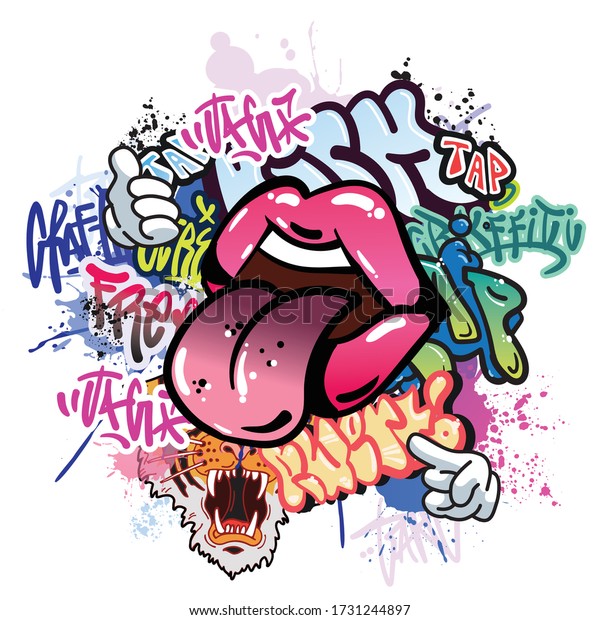 Graffiti illustration with street\
graffiti letters, tags,words, street art,\
style,crap,kick,tap,lips,tiger, spray paint, emoji, fresh and\
colorful, cartoon\
hand,