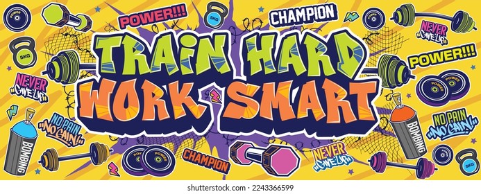 Graffiti illustration wall art. Colorful design for gym, motivation, fitness, good vibes urban street art theme. ghetto street. graffiti background