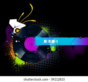 Graffiti image with vinyl disc on  black background. Vector illustration.