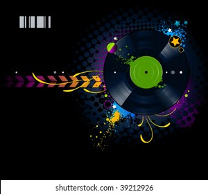 Graffiti image with vinyl disc on  black background. Vector illustration.