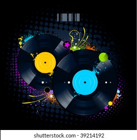 Graffiti image with vinyl disc on  black background. Vector illustration.