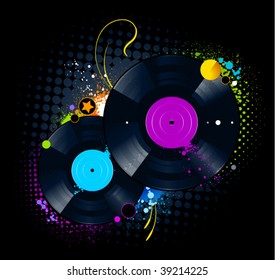 Graffiti image with vinyl disc on  black background. Vector illustration.