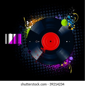 Graffiti image with vinyl disc on  black background. Vector illustration.