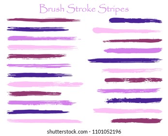 Graffiti ink brush stroke stripes vector set, purple horizontal marker or paintbrush lines patch. Hand drawn watercolor paint brushes, smudge strokes collection. Interior paint color palette swatches.